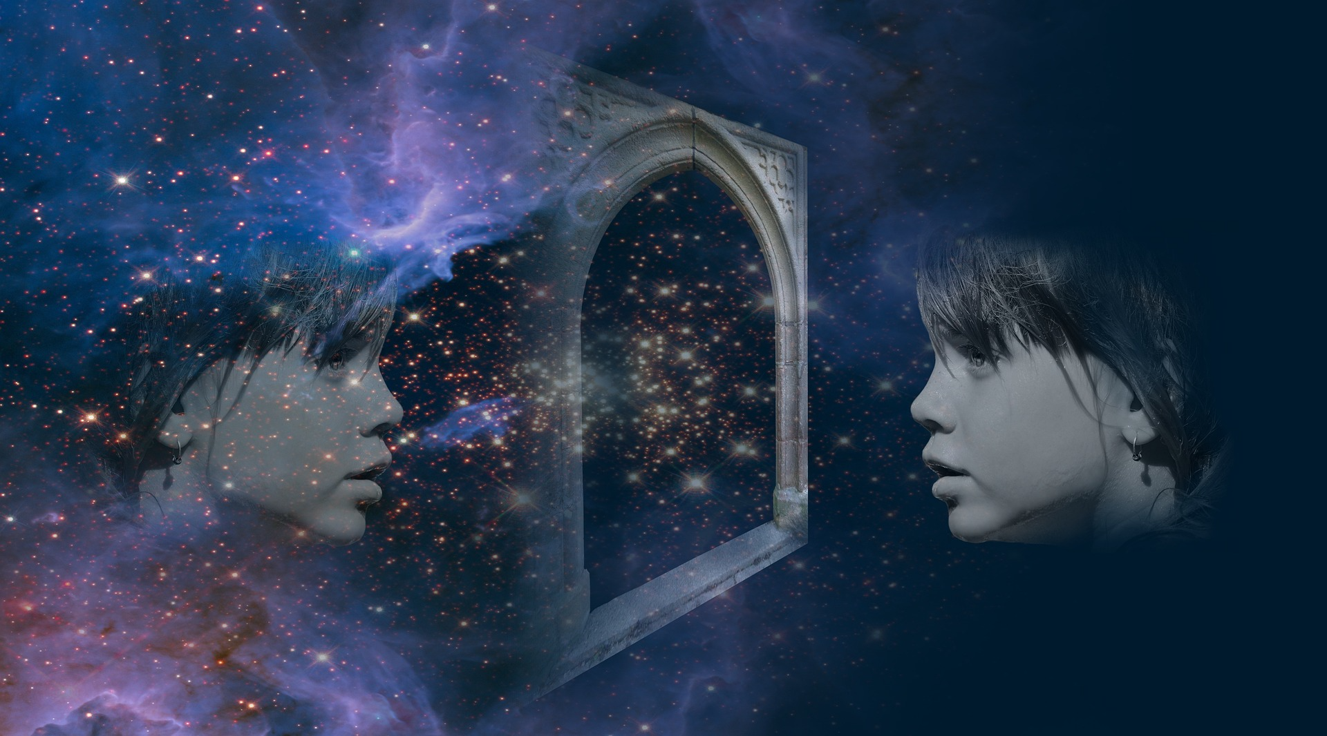 Abstract double exposure of a face with stars and archway, symbolising soul purpose and the starseed journey.