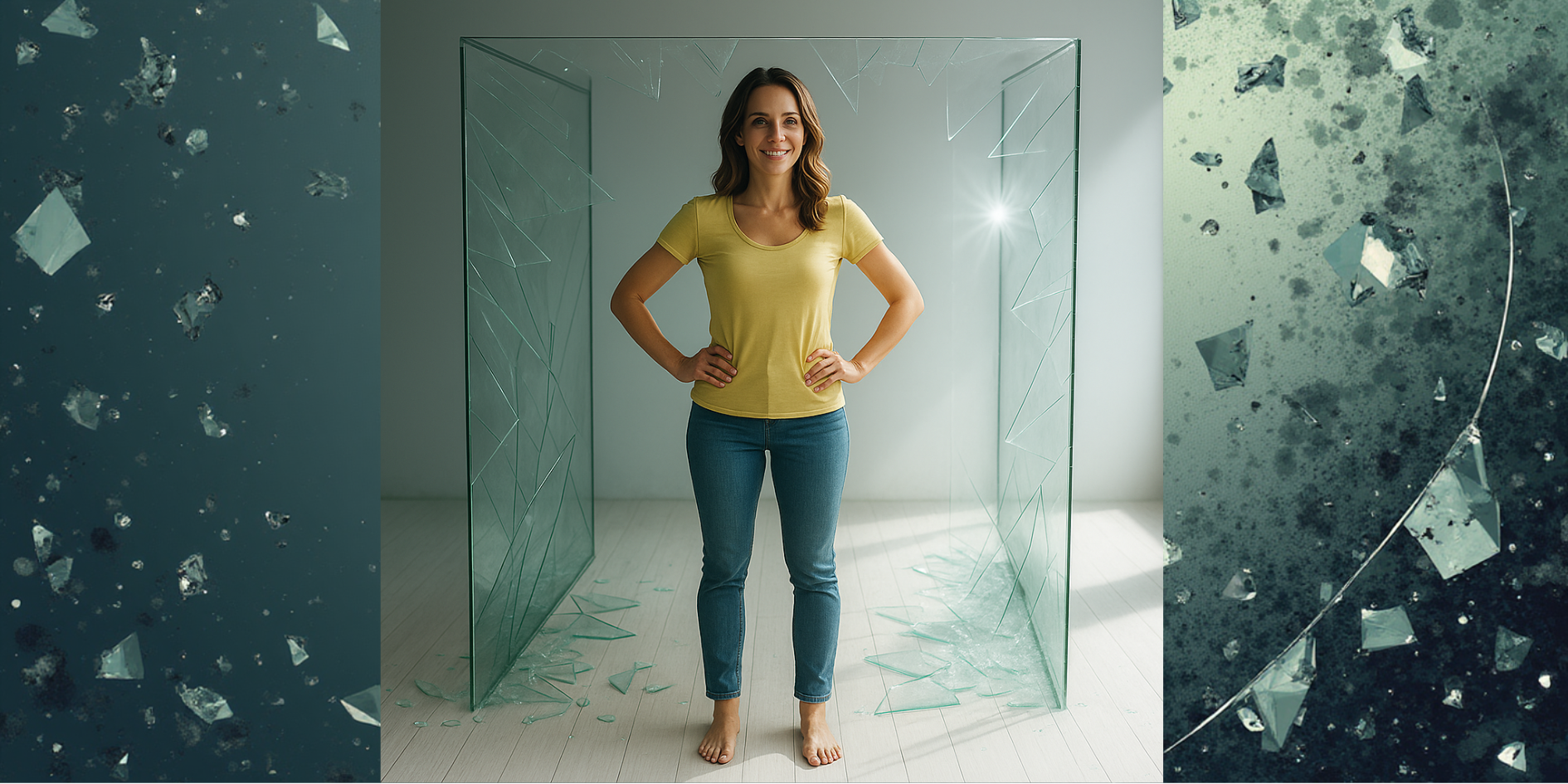 The woman stands confidently inside the shattered glass box, arms akimbo, embodying strength and growth.