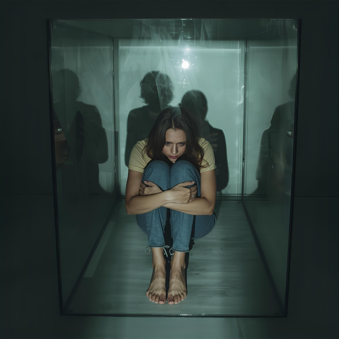 A young woman sits barefoot and anxious, hugging her knees inside a transparent glass box, shadows reflecting around her.