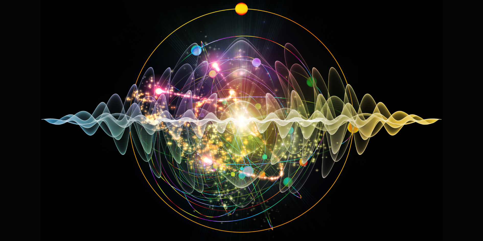 • A vibrant visual representation of energy waves and particles, swirling with light and colour, symbolizing energy, frequency, and vibration